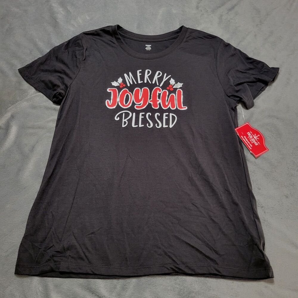 Merry Joyful Blessed Women Large Shirt Black Short Sleeve Scoop Neck Comfort New